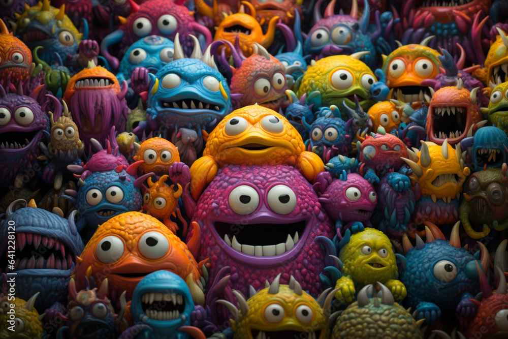 Many colorful cute alien monsters trapped and smushed together, scared monsters in a group collage. Generative AI illustration	
