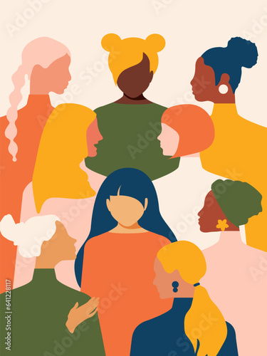 Women's History Month. Women of different ages, nationalities and religions come together. International Women's Day, Mother's Day. Vector.