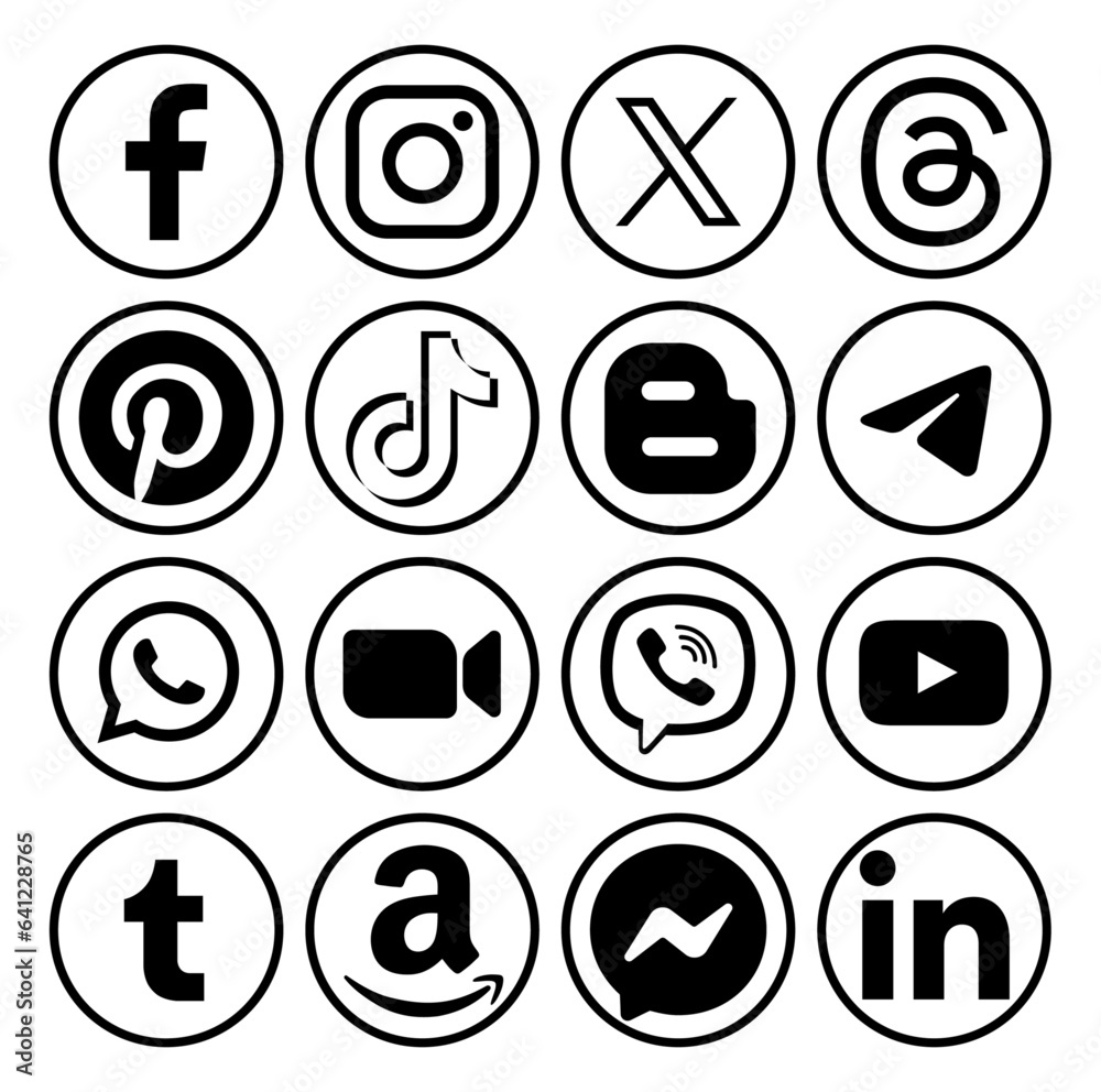 Vetor de Set of popular social media mobile apps black round icons with ...