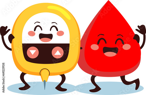 Vector illustration of cute glucometer and blood drop with giving thumb Up. Funny friends character concept