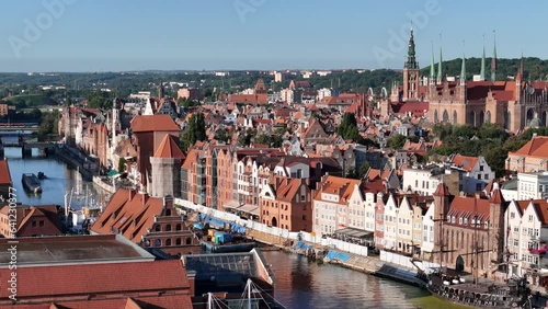 Gdansk Aerial View. Historical Old City of Gdansk and Motlawa River, Gdansk, Pomerania, Poland, Europe.