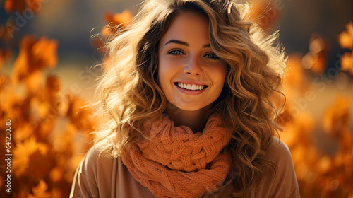 smiling woman model front view facing the camera . scene in autumn park