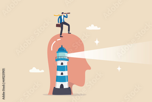 Vision, business discovery or searching for success, challenge to see future guidance, looking for career path or strategy concept, businessman look on telescope, head with lighthouse guidance light.