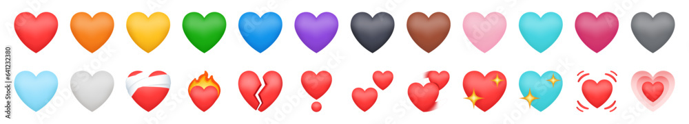 Heart Emojis set. Sparkling, growing, two Hearts, beating, revolving, broken, mending, heart exclamation, red, orange, yellow, green, blue, purple, brown, black, and white emojis. Whatsapp heart emoji