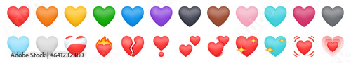 Heart Emojis set. Sparkling, growing, two Hearts, beating, revolving, broken, mending, heart exclamation, red, orange, yellow, green, blue, purple, brown, black, and white emojis. Whatsapp heart emoji