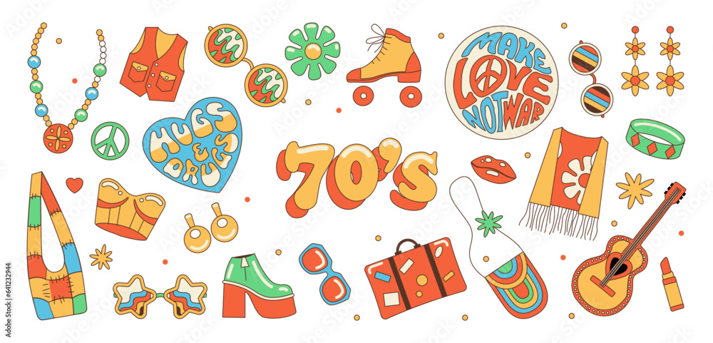 A set of groovy elements in the hippie style. isolated illustrations of the 60s and 70s. Funny, cute stickers A set of groovy elements in the hippie style. isolated illustrations of the 60s and 70s. Funny, cute stickers