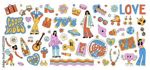 A large set of groovy elements in the hippie style. isolated illustrations of the 60s and 70s. Funny, cute stickers