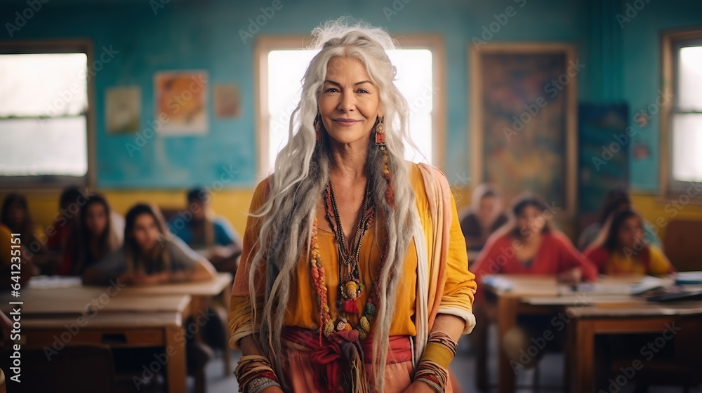 Fototapeta premium Portrait of Alternative Hippie senior teacher in front of classroom 