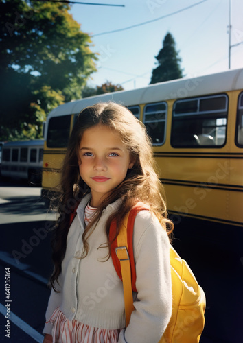 Vintage image of a small  schollgirl in front of school bus photo