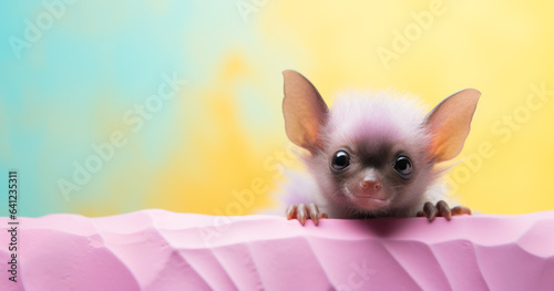 Creative animal concept. Bat peeking over pastel bright background. advertisement, banner, card. copy text space. birthday party invite invitation