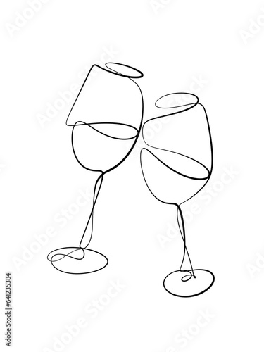 The wine glass cheers is drawn in one line style. Printable wall art.