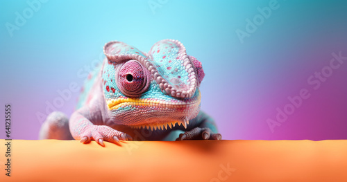 Creative animal concept.Chameleon peeking over pastel bright background. advertisement, banner, card. copy text space. birthday party invite invitation