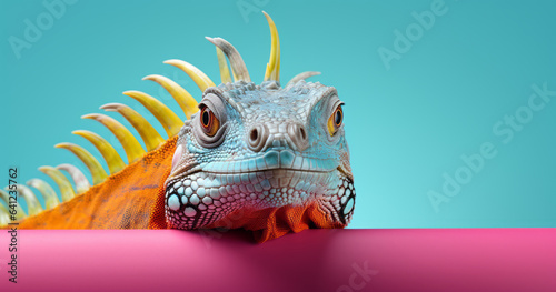 Creative animal concept. Iguana peeking over pastel bright background. advertisement  banner  card. copy text space. birthday party invite invitation