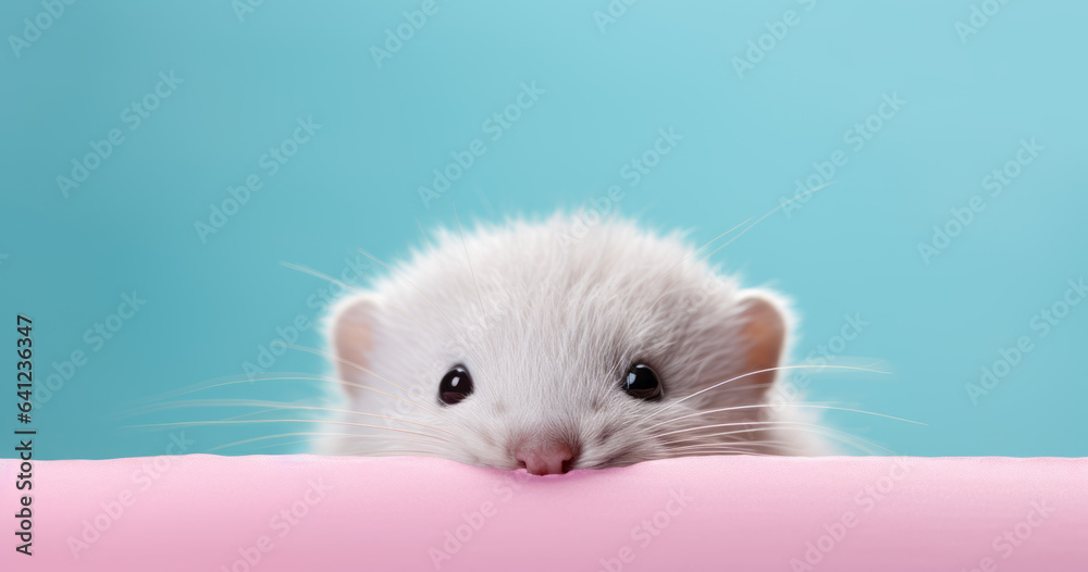 Creative animal concept. Mole peeking over pastel bright background. advertisement, banner, card. copy text space. birthday party invite invitation Creative animal concept. Mole peeking over pastel bright background. advertisement, banner, card. copy text space. birthday party invite invitation