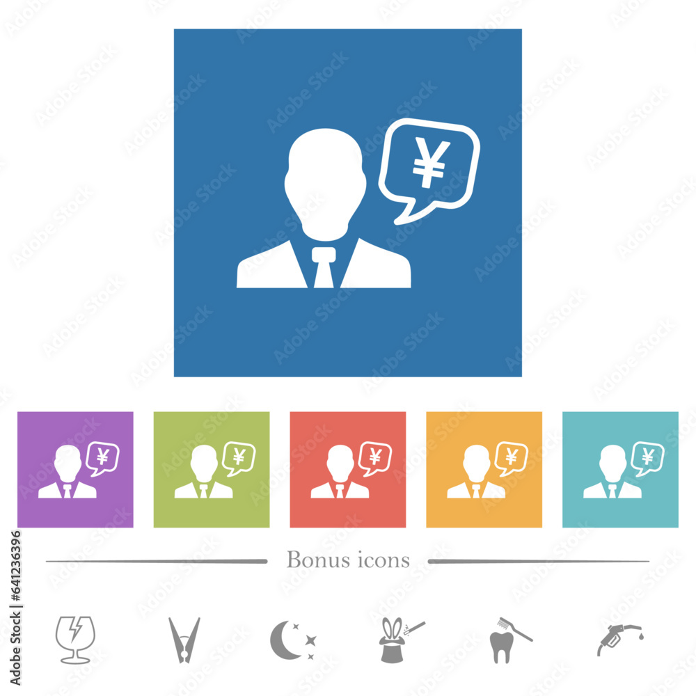 Japanese Yen financial advisor flat white icons in square backgrounds