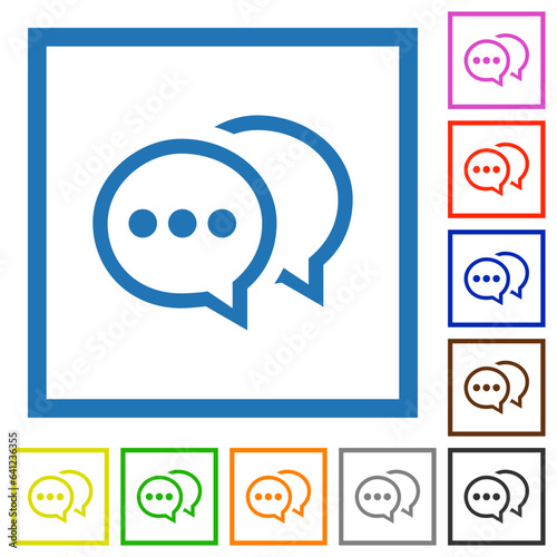 Two oval active chat bubbles outline flat framed icons