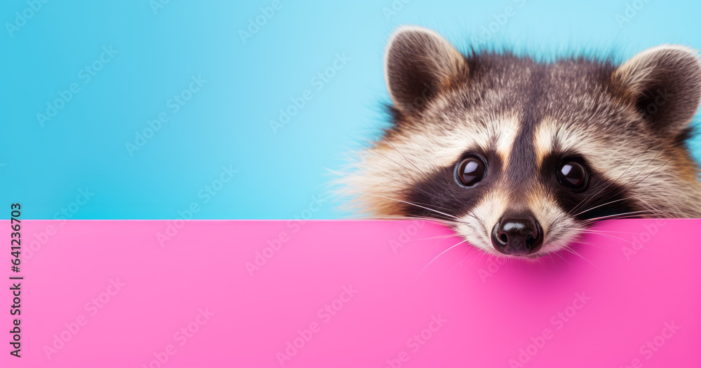 Creative animal concept. Raccoon peeking over pastel bright background. advertisement, banner, card. copy text space. birthday party invite invitation