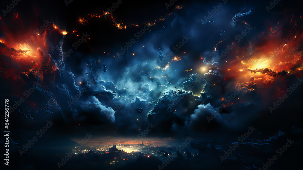 Obraz premium Dramatic landscape of an unknown planet, with high stone mountains, cosmic clouds, smoke, and fire. Dark blue coloring. Generative AI technology.