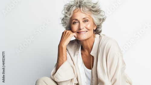 Portrait of a self confident and smiling woman standing studio. Mature old lady close up portrait on white background.
