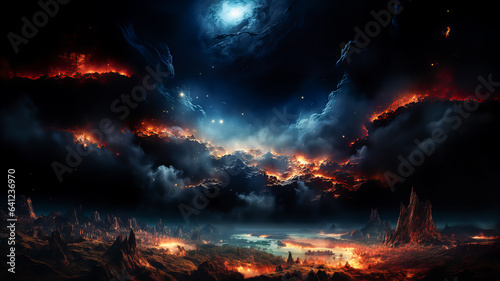 Dramatic landscape of an unknown planet, with high stone mountains, cosmic clouds, smoke, and fire. Dark blue coloring. Generative AI technology.