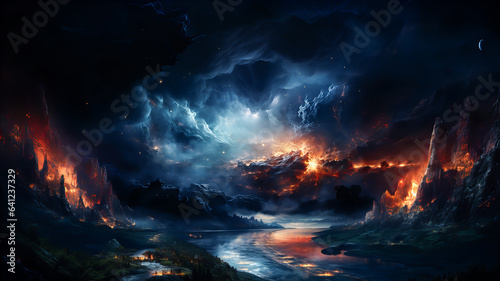 Dramatic landscape of an unknown planet, with high stone mountains, cosmic clouds, smoke, and fire. Dark blue coloring. Generative AI technology.