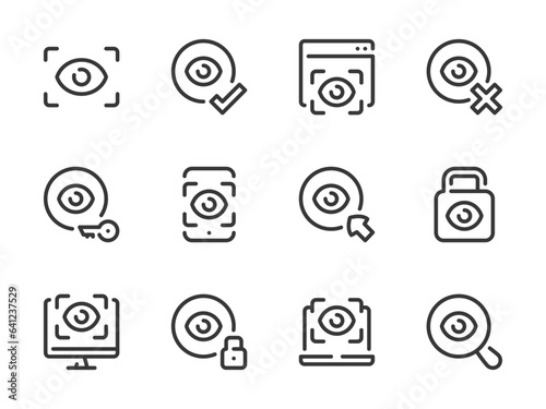 Eye Scanning and Retina recognition vector line icons. Authentication and Identification outline icon set. Scan, Access, Login, Biometrics, ID, Unlock and more.