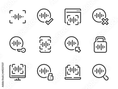 Voice Recognition and Sound scanning vector line icons. Authentication and Identification outline icon set. Voice Recording, Scan, Online Playback, Access, Protection and more.
