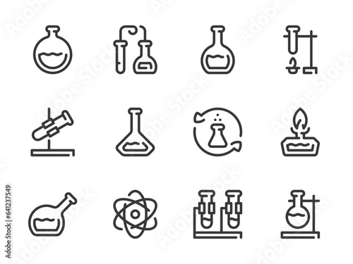 Chemistry and Science vector line icons. Laboratory and Chemical Research outline icon set. Flask, Beaker, Molecule, Burner, Atom, Equipment, Distillation and more.