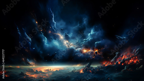 Dramatic landscape of an unknown planet  with high stone mountains  cosmic clouds  smoke  and fire. Dark blue coloring. Generative AI technology.