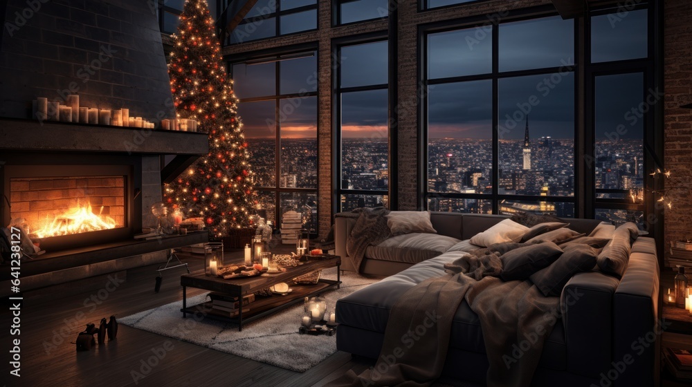 Interior of modern cozy luxurious loft style studio with Christmas decor. Blazing fireplace, burning candles, elegant Christmas tree, comfortable cushioned furniture, panoramic windows with city view.