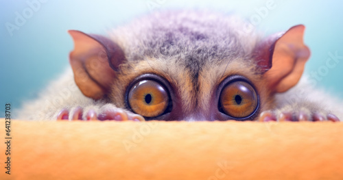 Creative animal concept. Tarsier peeking over pastel bright background. advertisement, banner, card. copy text space. birthday party invite invitation