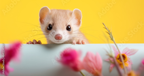 Creative animal concept. Weasel peeking over pastel bright background. advertisement, banner, card. copy text space. birthday party invite invitation