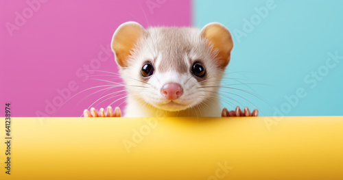 Creative animal concept. Weasel peeking over pastel bright background. advertisement, banner, card. copy text space. birthday party invite invitation
