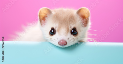 Creative animal concept. Weasel peeking over pastel bright background. advertisement, banner, card. copy text space. birthday party invite invitation