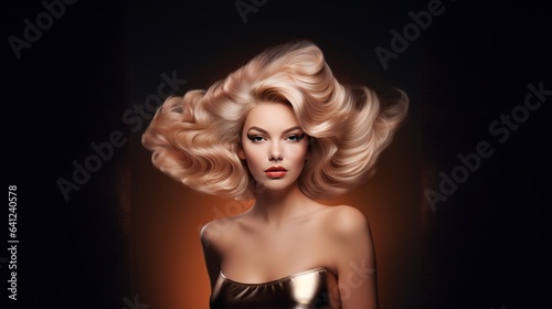 Woman Portrait with healthy blonde Hair. Glossy bright retro blow out Hair. Ideal for the hairdresser, shampoo advertising for fashion magazine