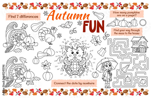 Festive placemat for kids. Printable sheet "Autumn fun" with a labyrinth, connect the dots, and a coloring page. 17x11 inch printable vector file