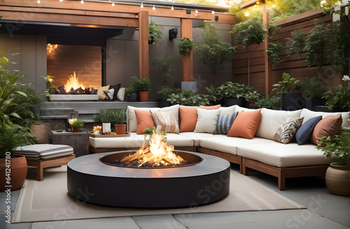 Stay warm and cozy on cool evenings with our self-contained fire pit. family room to relax at night outdoors photo