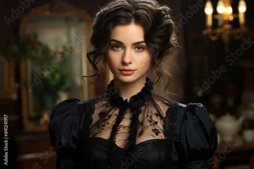 girl, woman, lady, woman in 1830s style. black dress, hat, elegant look, rich, luxe, luxury. old style, beatiful view, graceful old fashioned, 1800 1900 © Ирина Батюк