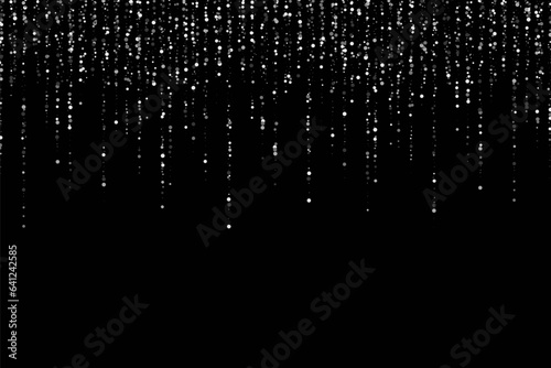 Falling shiny confetti. Vector silver dust on a black background. Background for wedding invitations, holiday posters, Christmas and greeting cards.