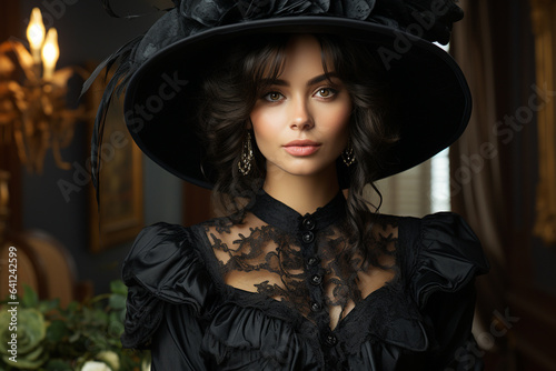 girl, woman, lady, woman in 1830s style. black dress, hat, elegant look, rich, luxe, luxury. old style, beatiful view, graceful old fashioned, 1800 1900