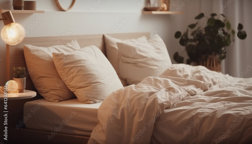 Fototapeta premium Concept of sleep hygiene: cozy bed with soft pillows in a cozy bedroom