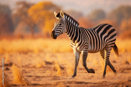 Zebra running through the savanna  generative ai