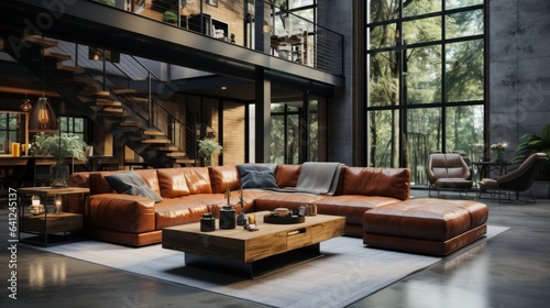 Interior of spacy loft style living room in luxury cottage. Dark grunge walls, leather cushioned furniture, wooden coffee table, stairs to upper floor, panoramic windows. Contemporary home design.