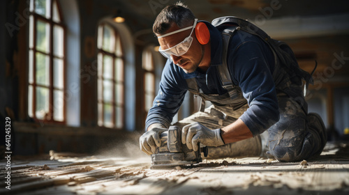 Worker in protective glasses and gloves sawing wooden plank with electric saw.