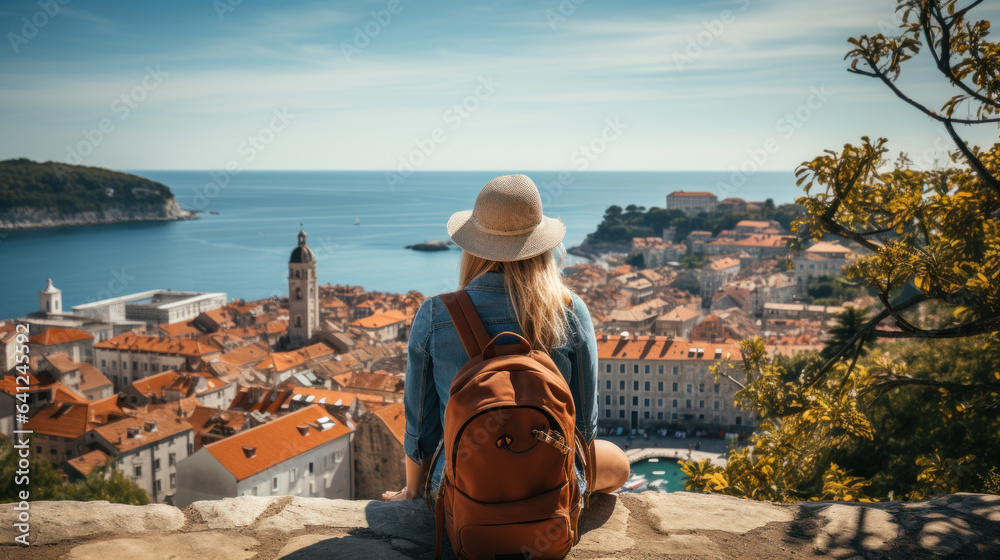 A young woman with a backpack looks at the city of Dubrovnik, Croatia. - obrazy, fototapety, plakaty 