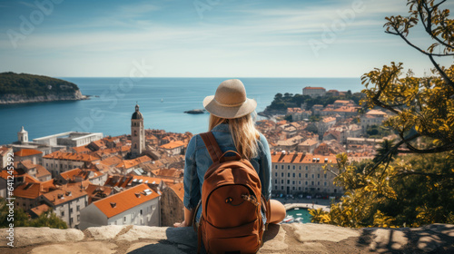 A young woman with a backpack looks at the city of Dubrovnik, Croatia. photo