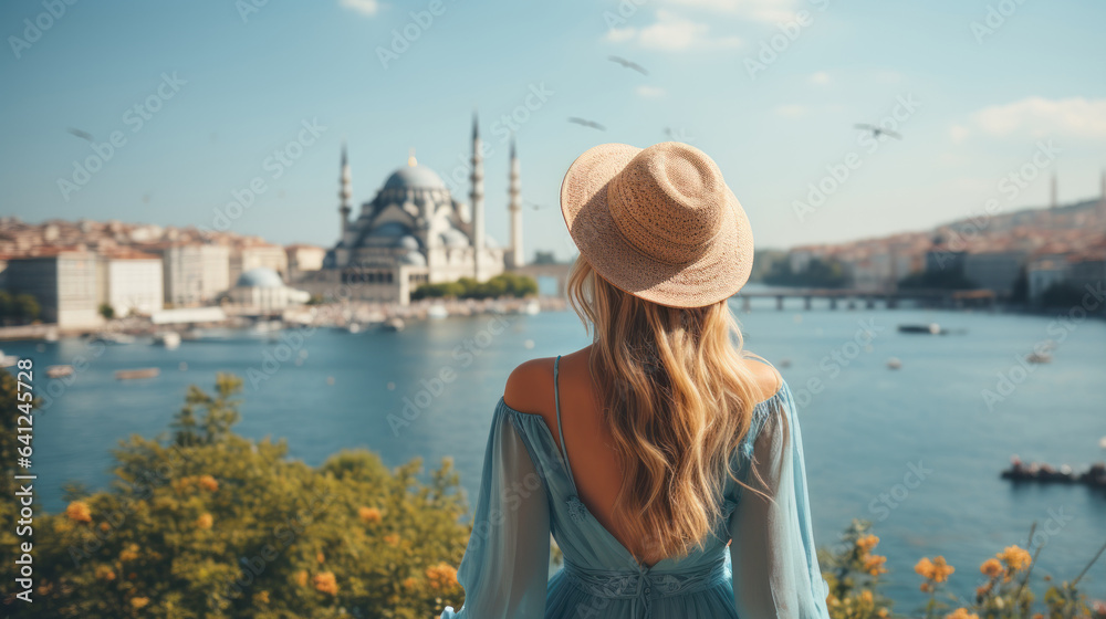 A girl in a blue dress and a straw hat looks at the city of Istanbul, Turkey.