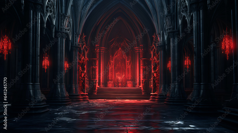 red light at the altar of the dark gothic cathedral