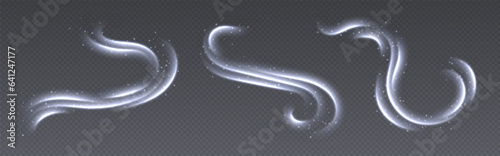 Cold wind with snow, air flow effect, winter freezing swirls, glowing light trails. Icy vapour overlay. Glowing twirls and swirls with stars. Abstract luminescent curves. Christmas vector decoration.