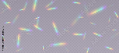 Rainbow refraction overlay, leak flare, prism light effect, rainbow sunlight, holographic rays with transparency. Blurred bokeh retro photo texture, vintage camera glare. Vector background.